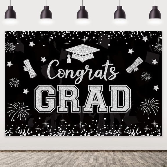 5*3ft 2024 Black And White Congrats Grad Graduation Backdrop Glitter Printed Bachelor Cap Photography Background Cloth Points Confetti Fireworks Little Star Printed Banner for Grad Congrats Prom Party