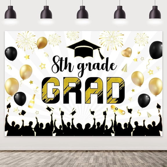 5 * 3ft 2024 Congrats Grad Graduation Backdrop 8th Grade Grad Graduation Photography Background Cloth Golden Black Glitter Printed Bachelor Cap Balloon Props Banner for Grad Congrats Prom Party Decor