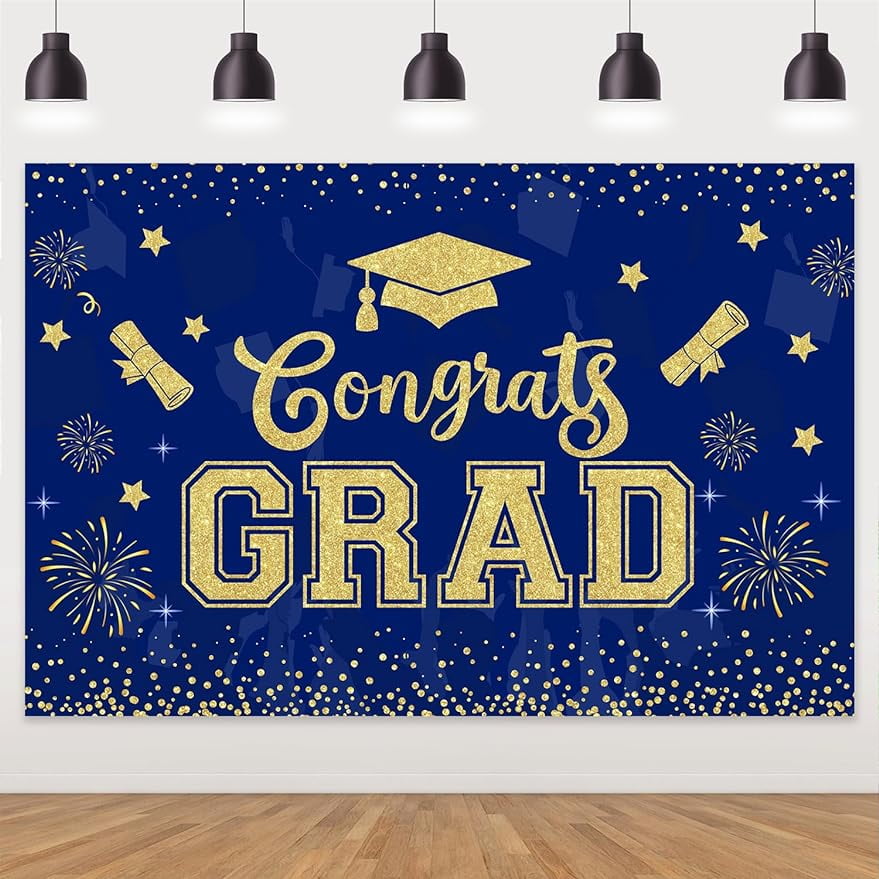 5*3ft 2024 Golden Deep Blue Congrats Grad Graduation Backdrop Glitter Printed Bachelor Cap Photography Background Cloth Confetti Fireworks Little Star Printed Banner for Grad Congrats Prom Party Decor