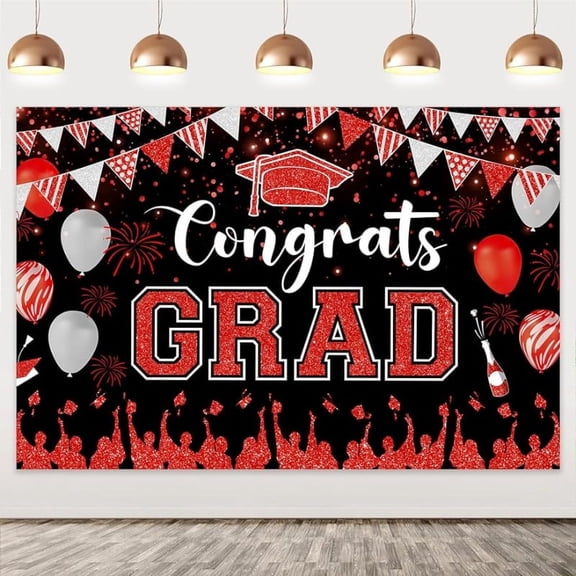 5 * 3ft 2024 Red Black Congrats Grad Graduation Backdrop Glitter Printed Bachelor Cap Photography Background Cloth Red Fireworks Printed Balloon Props Bannerfor Grad Congrats Prom Party Decoration