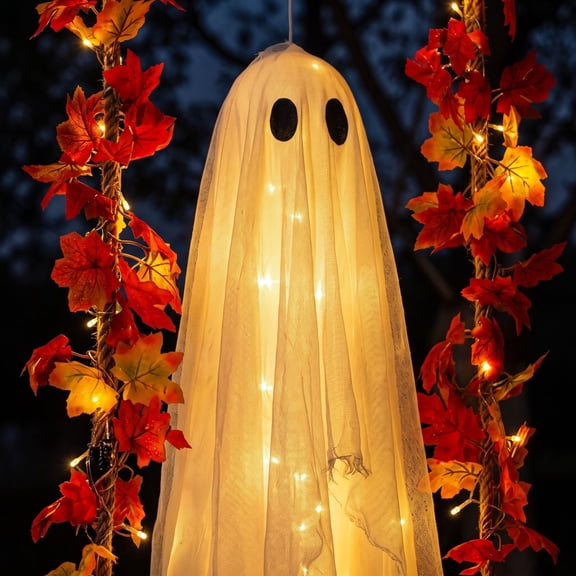 (5.3ft) Hanging Ghost Decor with Maple Leaf Swing (6.6ft) - Thanksgiving Halloween Decorations Outdoor Indoor - Ghost Light Battery Operated, Halloween Decor for Tree, Yard, Porch, Garden