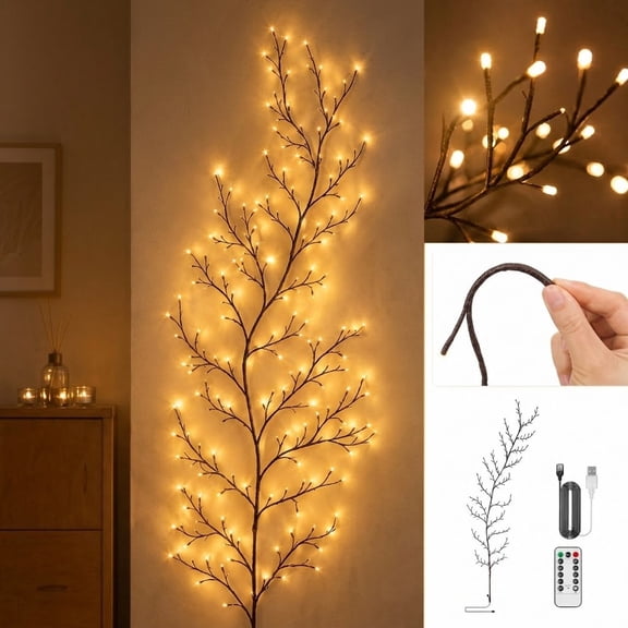 5.3ft ft 48 Lights-LED Lighted Willow Vine with Remote, Warm White Flexible Branch String Lights, USB Powered Decorative Ivy Garland for Bedroom, Wall & Living Room Decor