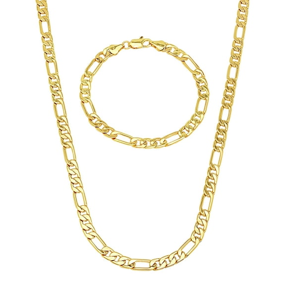 5.3mm Polished 0.25 mils 14k Yellow Gold Plated Figaro Chain Necklace + Bracelet Set, 30" (Necklace) + 7" (Bracelet)