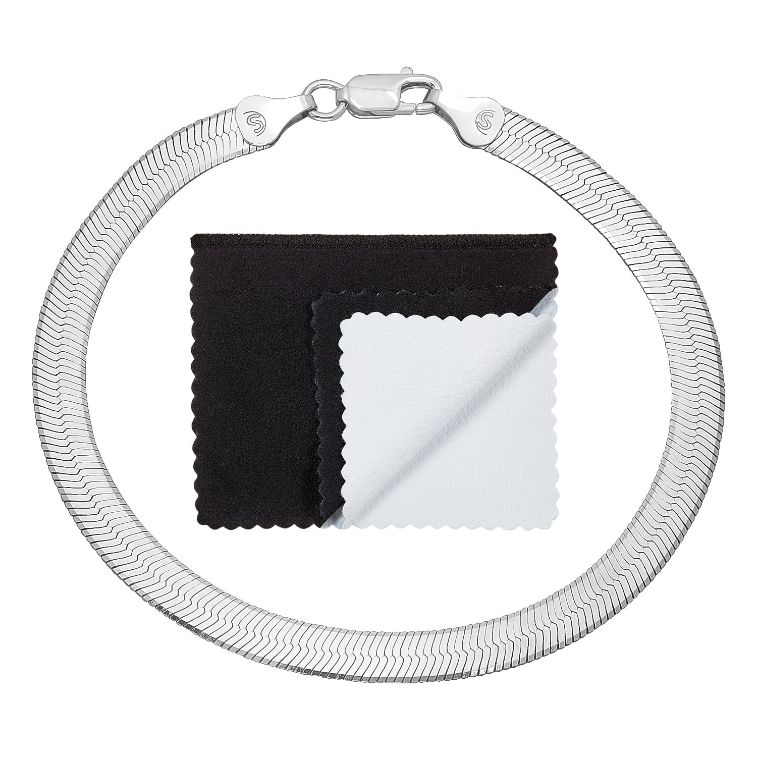 4.5mm Rhodium Plated Flat Herringbone Chain Bracelet - 8 Inch Length, Lobster Clasp, Includes Polishing Cloth & Velvet Pouch