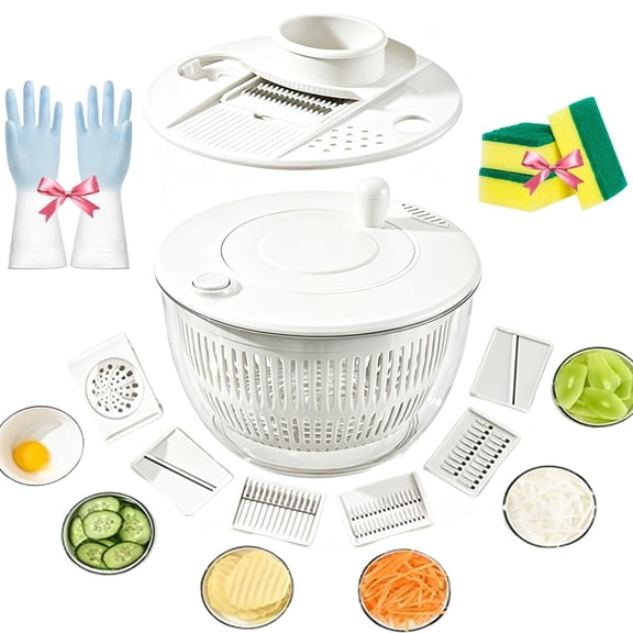 5.3qt Large Capacity Multi-Function Salad Spinner with Quick Stop Button, 6 in 1 Salad Spinner Stainless Steel Vegetables Fruits Washing Bowl, with 5 Blade Slicer Egg Yolk Strainer Shredder