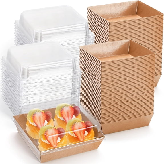 5.3x 4.9 x 2.4 Inches Paper Cake Boxes with Clear Lids, 50 Pack Square Disposable Bakery Boxes To Go Food Containers for 3-4 Inch Bundt Cake, Pie, Dessert, Cupcake, Charcuterie, Cocoa Bomb (Brown)