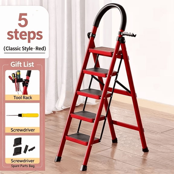 5/4/3 Folding Step Ladder For Home Use, 330 Lbs Load Bearing, Anti-Slip Wide Pedal Portable Ladder, Multi-functional Ladder For Replace Light Bulbs, Organize Top Storage Room