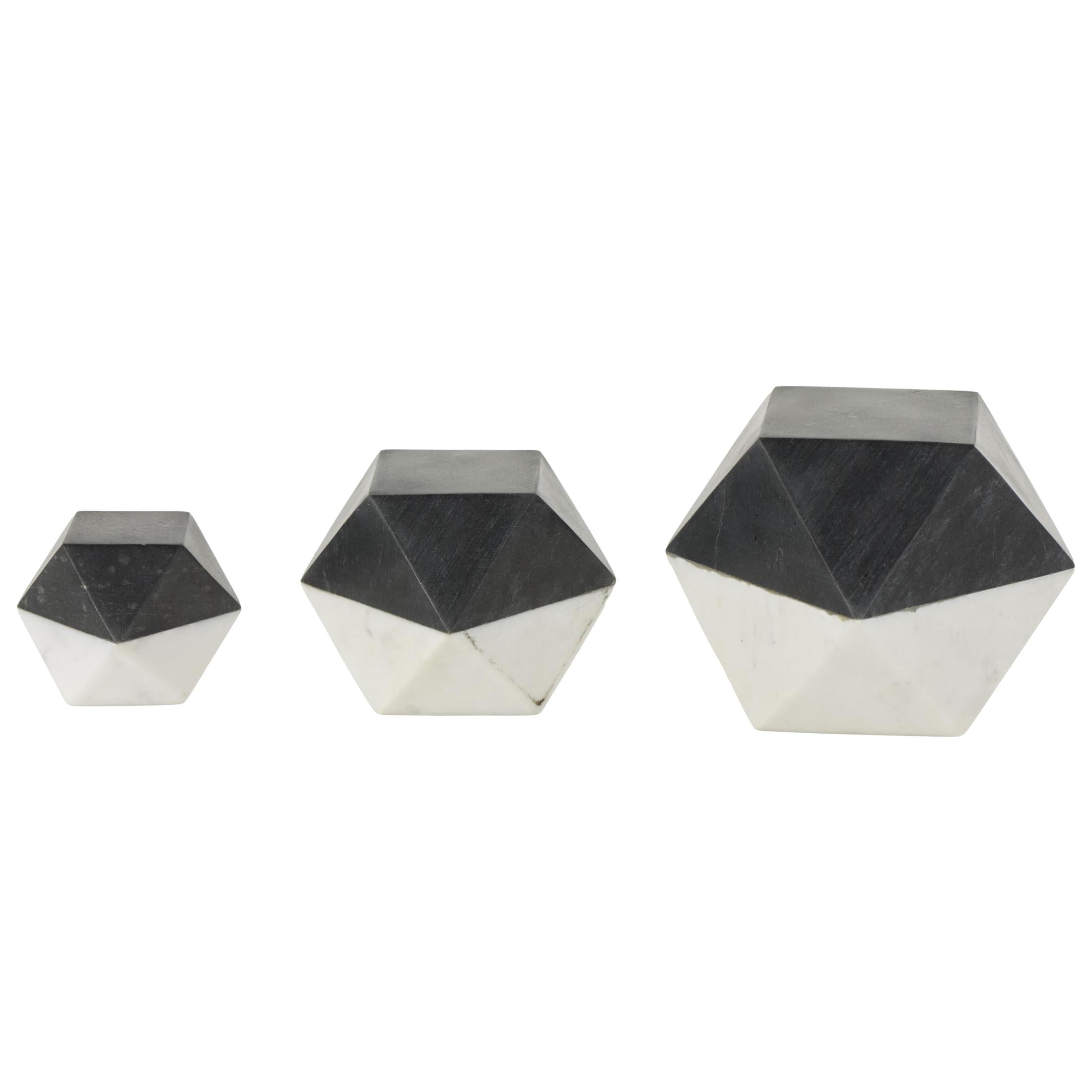 5", 4", 3"H Black Marble Cube Two-Toned Hexagon Geometric Sculpture with White Accent, by DecMode (3 Count)