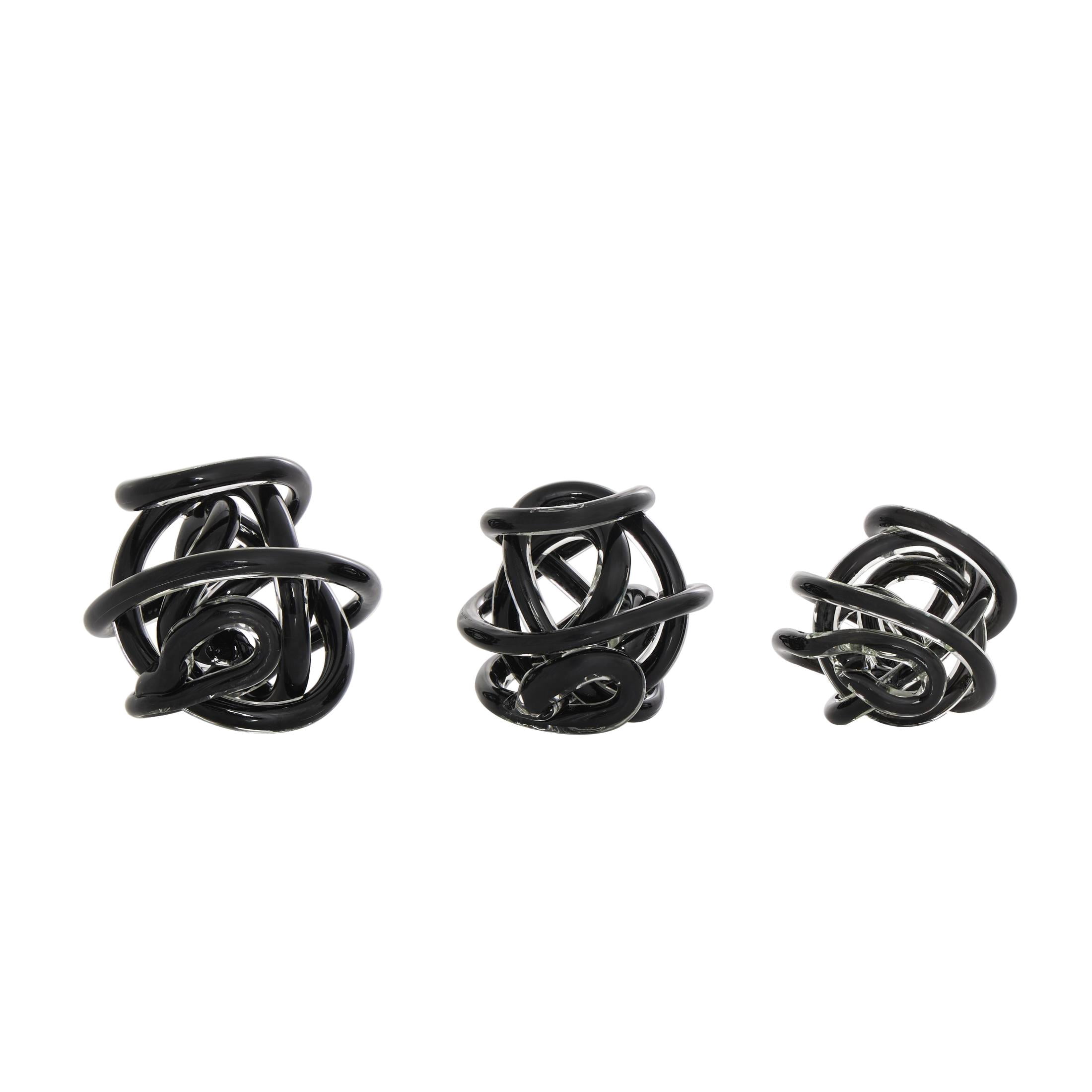 5", 4", 4"W Black Glass Handmade Knotted Ball Knot Sculpture, by DecMode (3 Count)