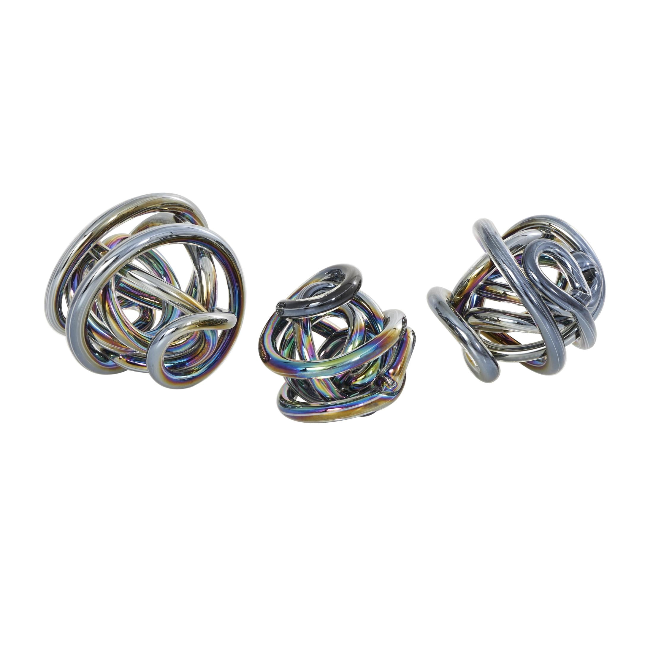 5", 4", 4"W Dark Gray Glass Handmade Iridescent Knotted Ball Abstract Sculpture, by DecMode (3 Count)