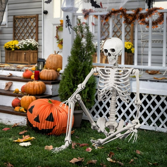 5.4 FT Halloween Skeleton Decoration Life Size Large Skeleton with Posable Joints 64.5 Inches Ivory White