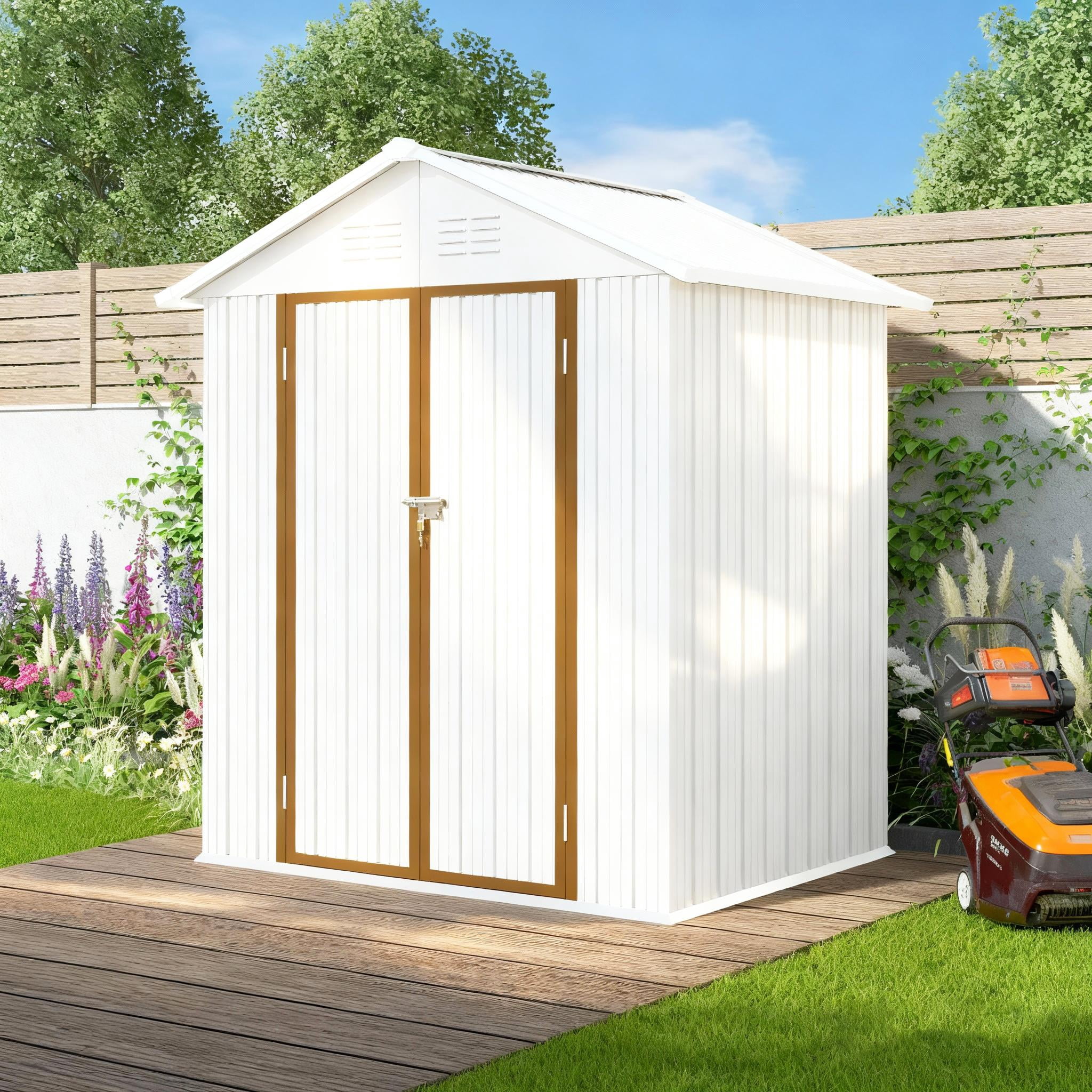 6×4 FT Outdoor Storage shed, Metal Shed with Sloping Roof and Lockable Door, Tool Shed for Bike, Toys, Backyard, Garden, Patio, White