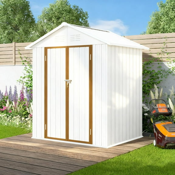 6×4 FT Outdoor Storage shed, Metal Shed with Sloping Roof and Lockable Door, Tool Shed for Bike, Toys, Backyard, Garden, Patio, White