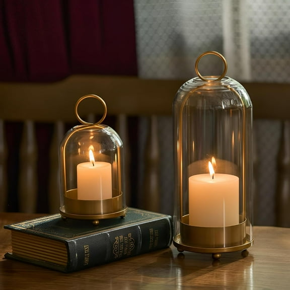 5"&4" Hurricane Glass Candle Holders - Glass & Brass Metal Candle Holder for Pillar Candles, Decorative Table Coffee Table Decor, Gold Hurricane Candle Lanterns Cloche for Anthropology Fall Decor