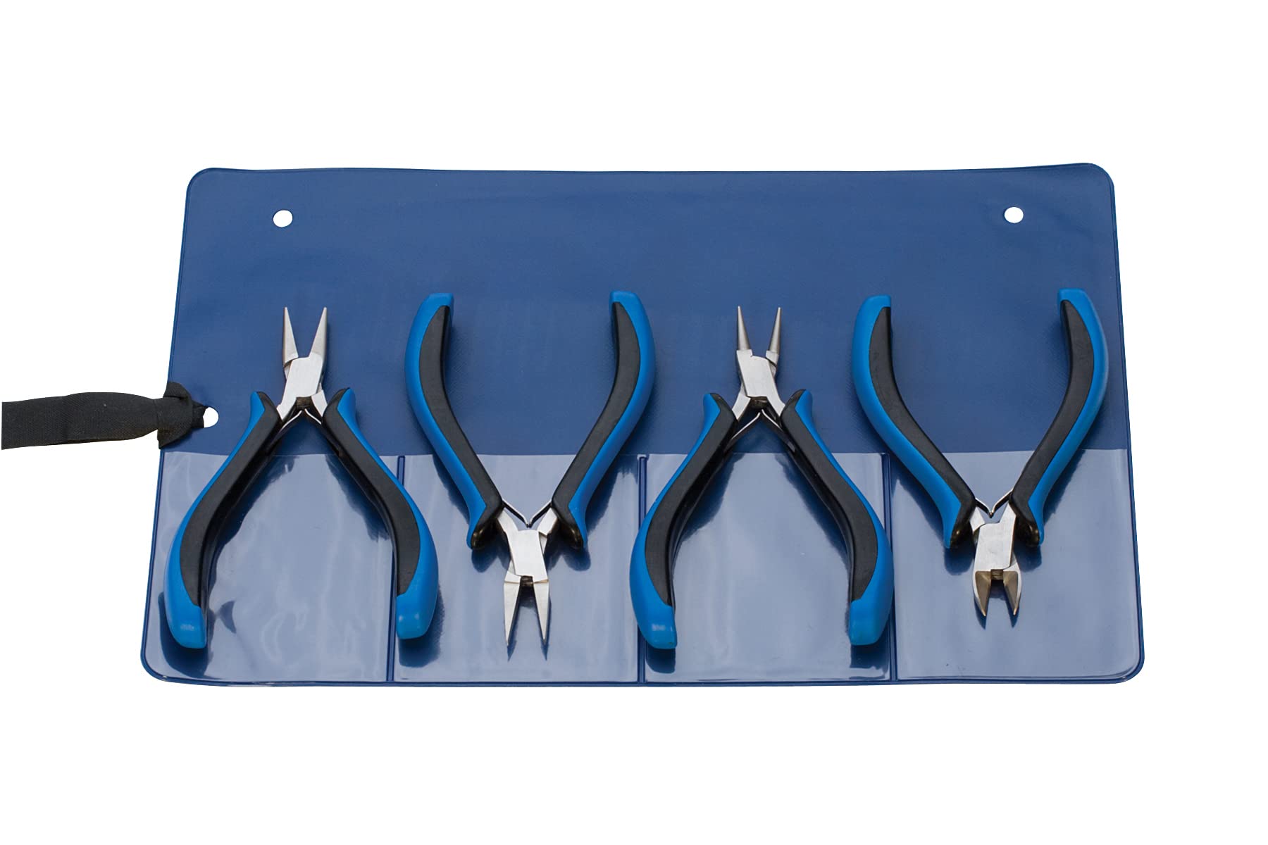 5" 4 Piece Ecco Ergonomic Plier Set with Flat Round Chain Nose Side Cutters Jewelry Making Tool Kit with Pouch