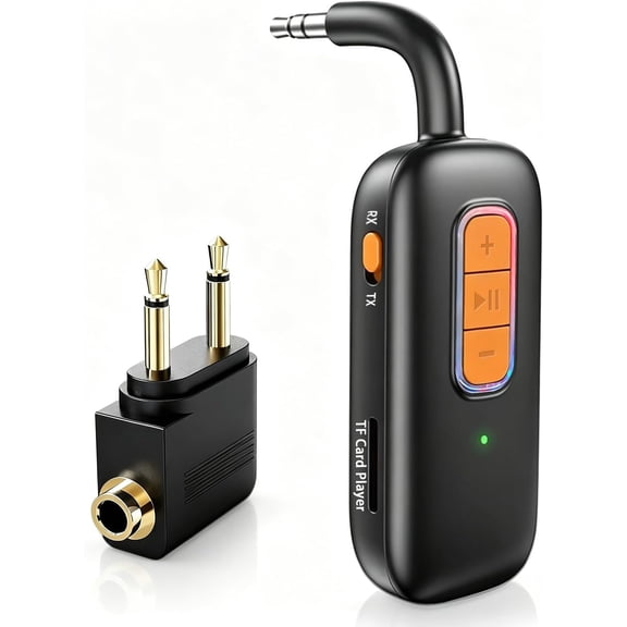 5.4 Transmitter Receiver  Audio Adapter for Airplane TV | 3-IN-1 with TF Card Player, Works for Airpods & Other Headphones,  Adapter for Flight/TV/Gym/PC// Stereo