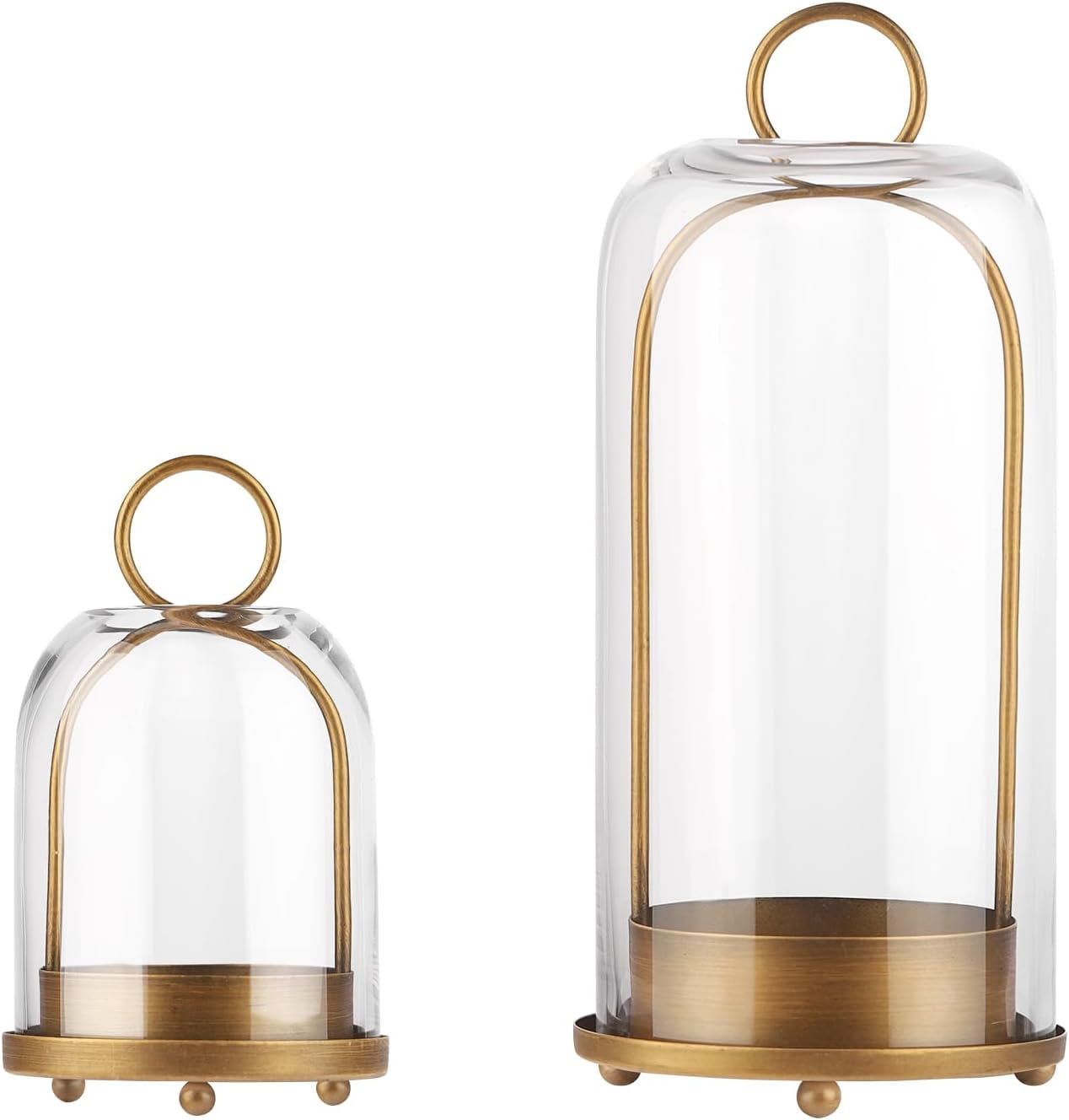 5" & 4" Wide Versatile Metal Candle Holder With Handmade Sturdy Glass Dome In Brass For Pillar Candle & Plants, 5.1" XH11.8 4" XH7.5, Industrial