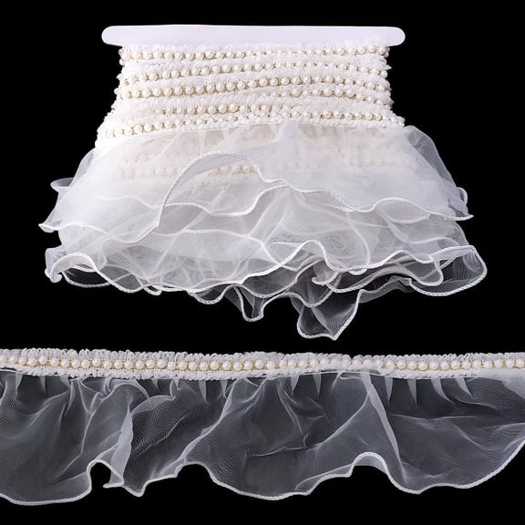 5.4 Yards White Organza Lace Trim Pearl Ruffle Edge Trim 3 Inch Wide Pleated Sheer Fabric Ribbon Decorative Ruffle Lace
