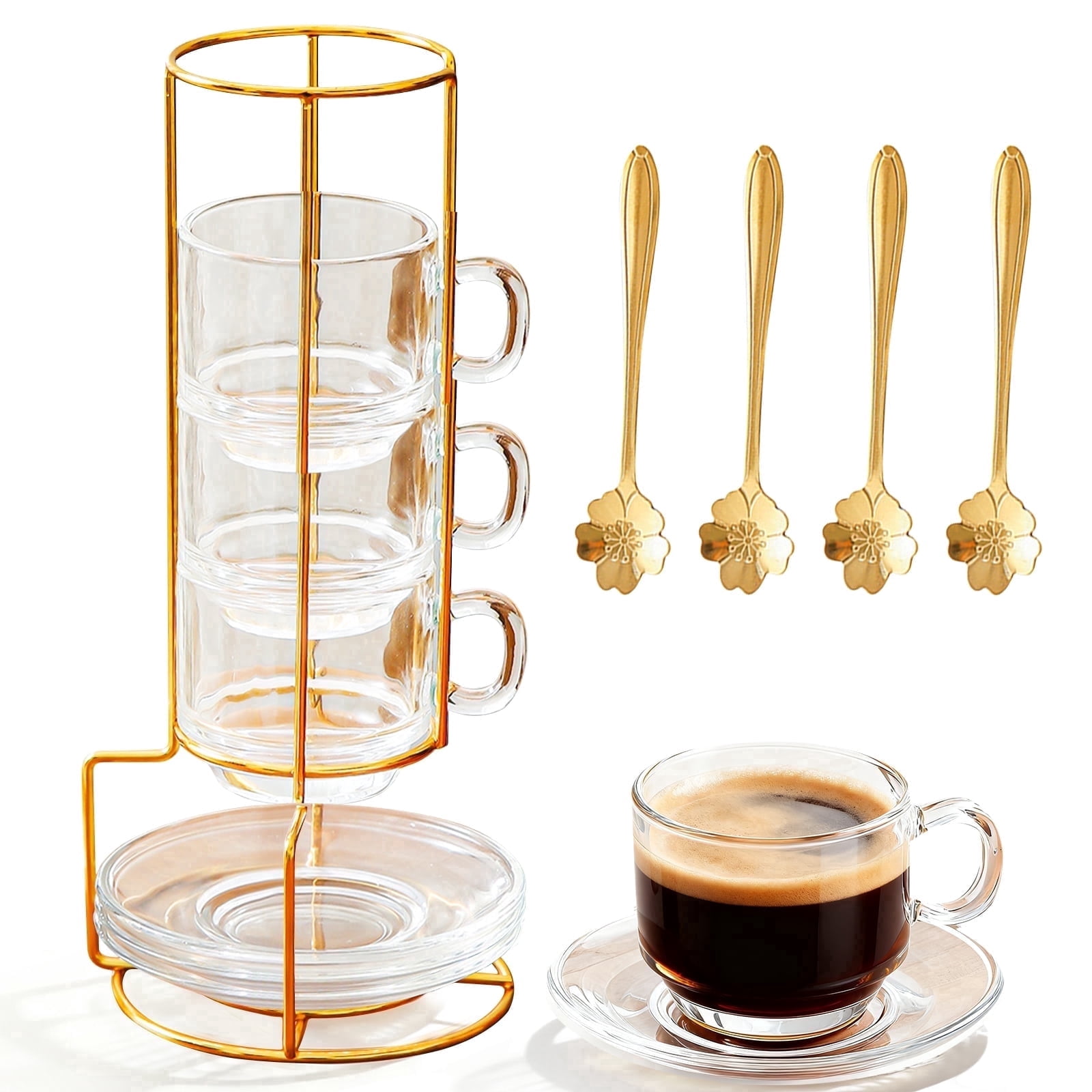 Espresso Cups Set, Clear Glass Coffee Cups with Saucers Spoons and Cup holder, Stackable Small Cup for Espresso, Latte, Cappuccino, Tea (Transparent)