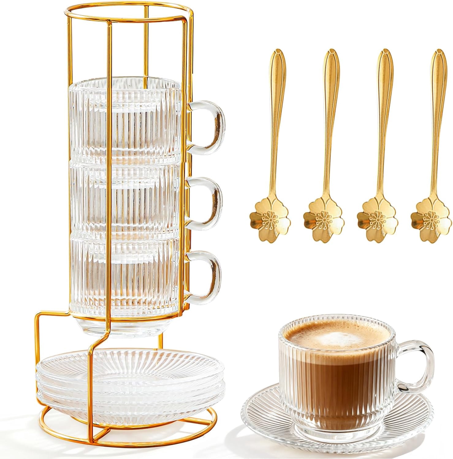 5.4 oz Espresso Cups Set of 4,Clear Glass Coffee with Saucers Spoons and Cup holder,Stackable Small for Espresso,Latte,Cappuccino,Tea