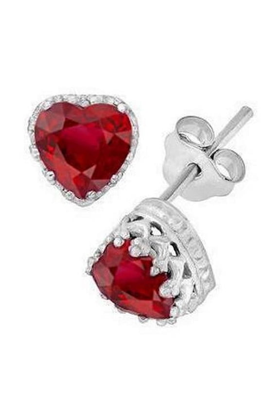 5.40 CT Heart Cut Red Ruby with Diamond Stud Earring, 14K White Gold