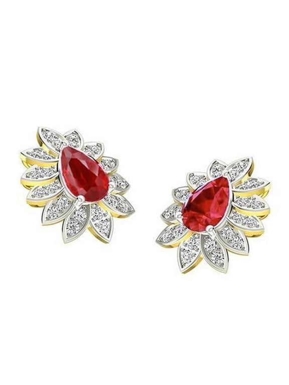 5.40 CT Ruby & Diamonds Stud Earrings, 14K Yellow Gold