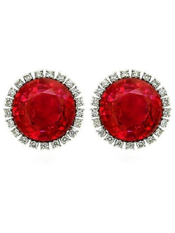 5.42 CT Round Ruby & Diamond Halo Stud Earring, 14K White Gold