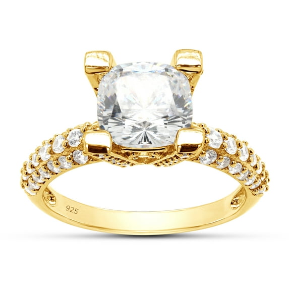 5.43 CT Square Amkor & Round Cut White Simulated Diamond Solitaire with Accents Ring In 14K Yellow Gold Over Sterling Silver (Color: White, Clarity: VVS1-VVS2, 5.43 Cttw) -6.5