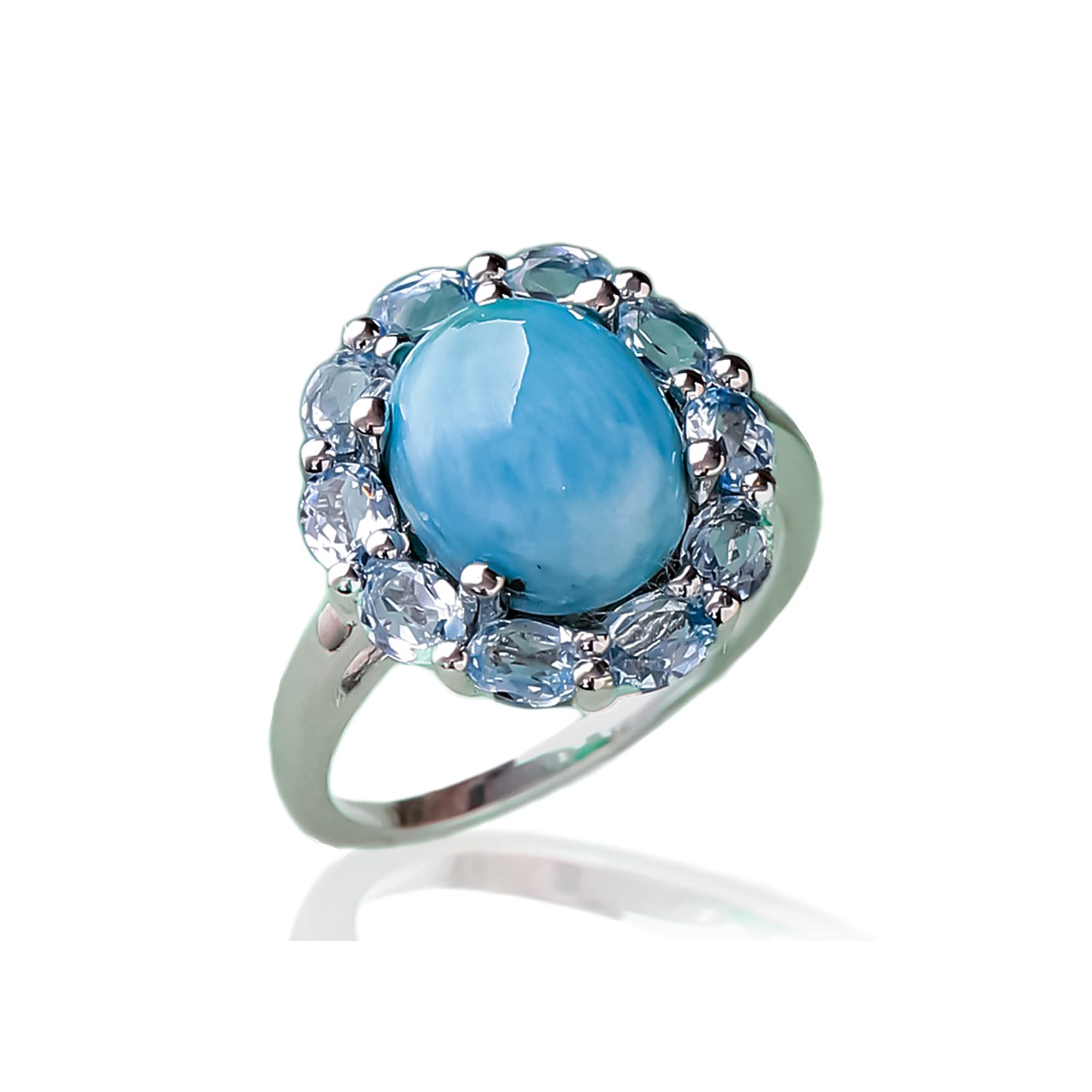 YoTreasure Larimar, Blue Topaz Flower Ring, 925 Sterling Silver