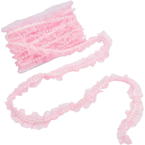 5.47 Yard Trimming Lace Peal Beads Ribbon 40mm Pink Organza Trimming Lace Ribbon for Sewing DIY Crafts Ruffle Pleated Beaded Lace Edge Trim for Bridal Wedding Decor Dress Embellishment Pink Polyester