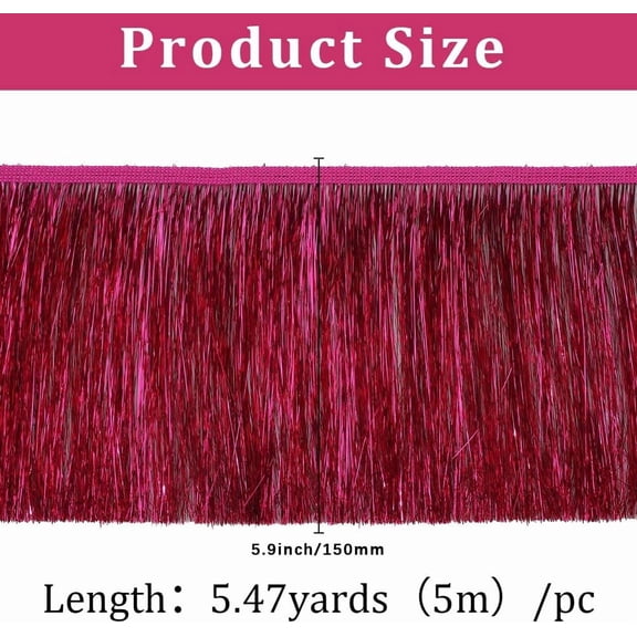 5.47 Yards Hot Pink Tassel Metallic Lace Fringe Ribbons Trimming Chainette Shiny Polyester Decorative Tinsel Ribbon Trim for Sewing Making Costume Cloth Decoration Accessory Diy Craft Supply