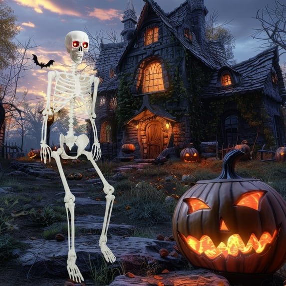 5.4FT Halloween Light-up Skeleton Decor, Movable Joints Realistic Full Body Bones Skeleton Prop with Glowing Eyes
