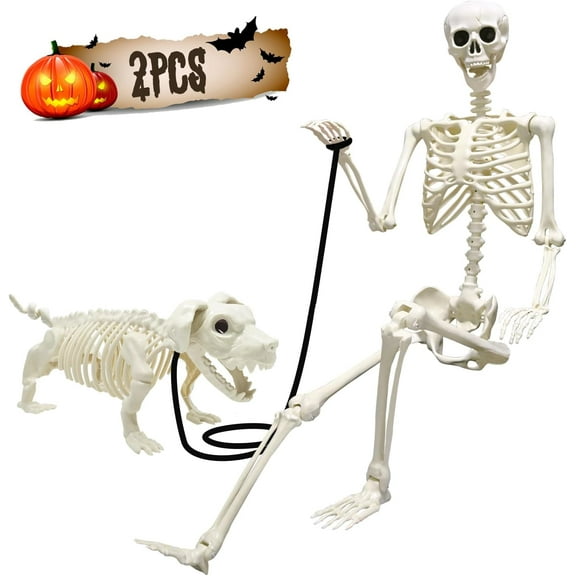 Halloween Skeletons, Full Size Skeleton with Skeleton Dog, Plastic Life Size Human Skeletons for Halloween Graveyard Haunted House Party Decoration