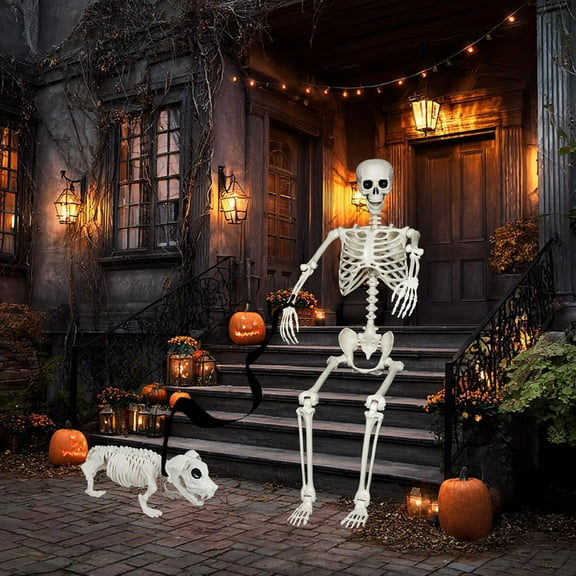 5.4FT Life-Size Halloween Skeleton Decoration Set with Posable Human and Dog Skeletons, Realistic Plastic Bones for Outdoor Yard, Graveyard, and Haunted House Decor