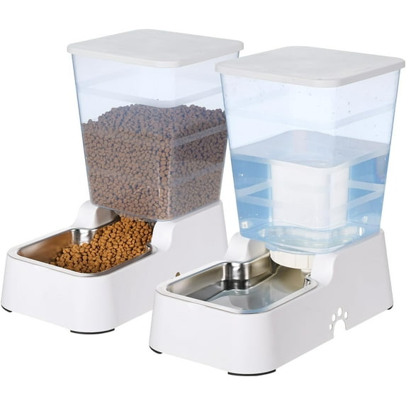 5.4L/1.4Gal Pet Waterer, Automatic Dog Water Dispenser Gravity Stainless Steel Water Feeder, Large Capacity Feeding Bowls for Cats and Medium & Large-Sized Dogs (White, Food+Water)