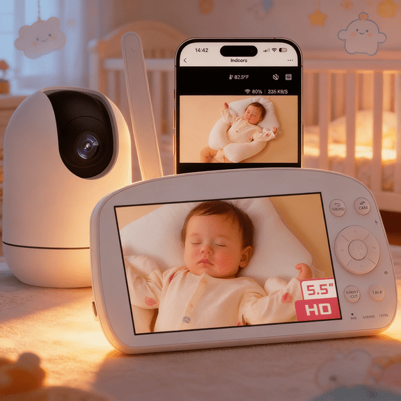 5.5 1080P Smart WiFi Baby Monitor with Camera & Audio, 360 Pan & Tilt, HD Night Vision, Two-Way Talk, Temperature & Motion Detection, Soothing Music, Multi-User Support, Wall-Mountable Display