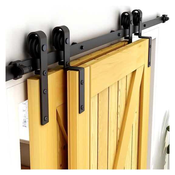 5/5.5/6/6.6FT Bypass Sliding Barn Door Hardware Track Kit, J Shape Hanger Set, For Double Wooden Doors Use, Single Track ,Easy to Install