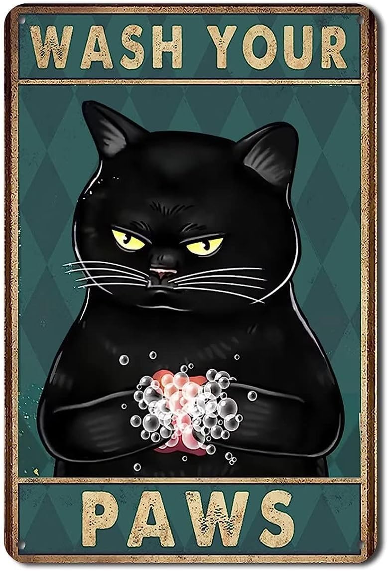 5.5"×8" Funny Bathroom Metal Tin Sign Vintage Black Cat Art Wall Decor