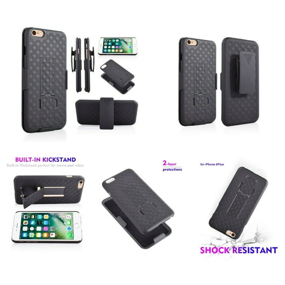 For 5.5" Apple iPhone 6 Plus Built-in Kickstand 2-Layer Protections Hard Back Cover Shockproof Resistant Belt Clip Heavy Duty Impact Bumper Phone Case [Black]