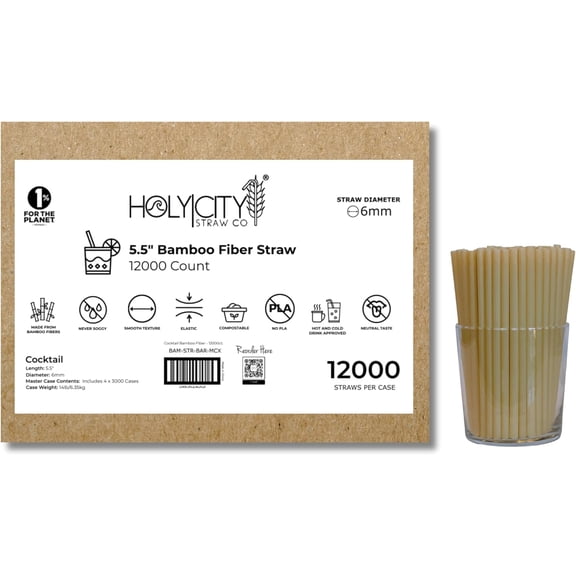 5.5” Bamboo Fiber Drinking Straws | 6mm | 3,000ct. | Sustainable Alternative to Agave and PLA | Compostable & Plastic-Free | Great for the Foodservice & Hospitality Industry