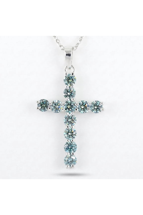 5.5 Ct Certified Blue Moissanite Round Cut Cross Gold Vermeil Pendant