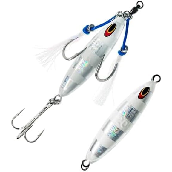5.5" Eddie Bomb Jig 20oz, 2 Pcs Silver Zebra Glow, Rigged & Unrigged for Offshore Tuna Jigging, Includes Heavy-Duty Jig Bodies, Ideal for Bluefin Tuna & Big Game Saltwater Fishing
