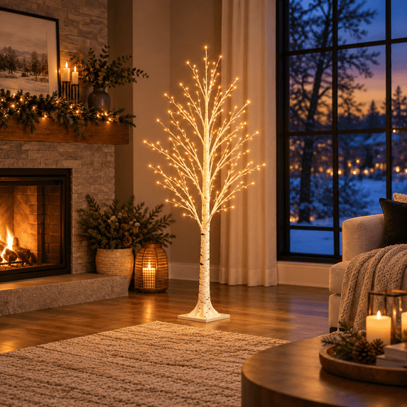 5.5 FT Pre-Lit White Birch Tree Light, {LEDs} Warm White LED Lighted ...