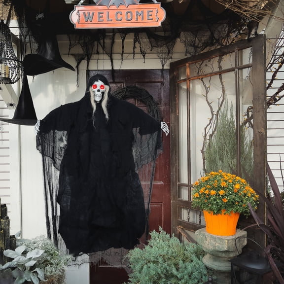 5.5 Ft Large Life Size Halloween Hanging Skull Prop With LED Glowing Eyes And Creepy Sound Poseable Arms Red 1 Count
