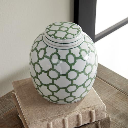 5.5" Imperial Link Chinoiserie Green & White Porcelain Lidded Jar Accent Piece All Seasons Spring Springtime Summer Kitchen Living Room Bedroom End Table Entryway Decor Decoration$$Garden &