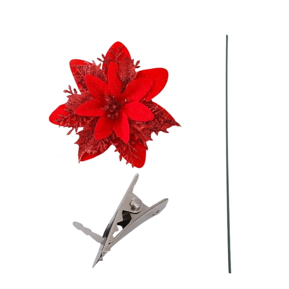 5.5 Inch 12Pcs Christmas Artificial Flowers Christmas Poinsettia Ornaments Deep Red Glitter Simulated Magnolia Flowers, for Christmas Decoration Fall Decor Xmas New Year Gifts (with Clip)