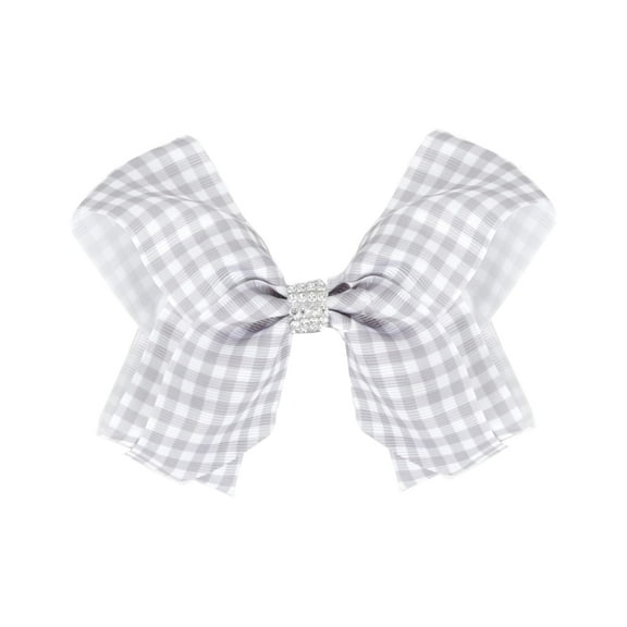 5.5 Inch Checkered Bow Hair Clip with Rhinestone Center (Light Gray)