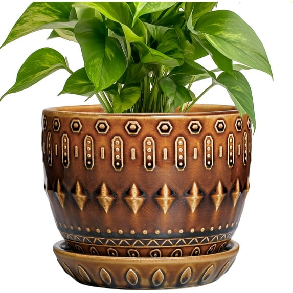 5.5 Inch Plant Pot - Ceramic Planter for Indoor Outdoor Plants,  Round Indoor Flower Pot with Drainage Hole and Saucer, Housewarming Gifts, Garden Home Room Decor, Brown