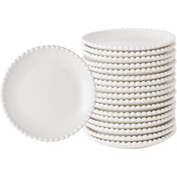 5.5 Inch Porcelain Dessert Plates Set of 18, Small Ceramic Appetizer Plates, Round Mini Dinnerware Sets, Scratch Resistant, Microwave, Oven, and Dishwasher Safe, White with Pearl Dots