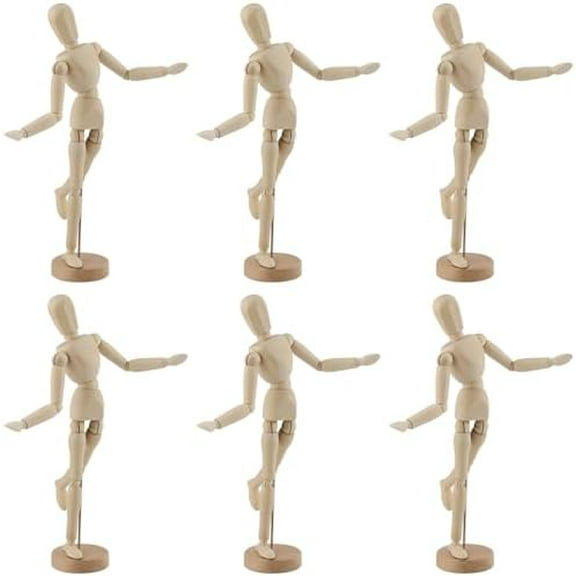 5.5 Inch Poseable Wood Mannequin Doll With Base - Articulated Figure Human Model for Drawing, Art, Decor, Painting, Gift (6 PCS)